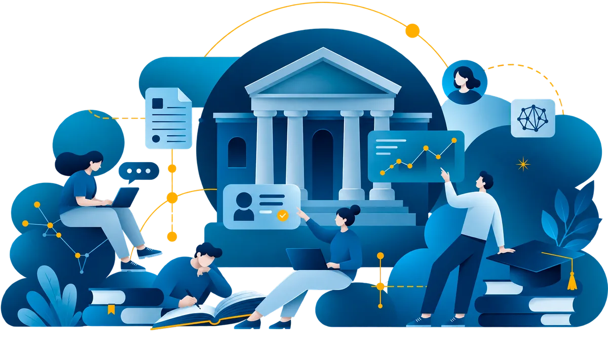 Students and staff with laptops and books around a columned university building, connected to a student record, a chart and a graduation cap